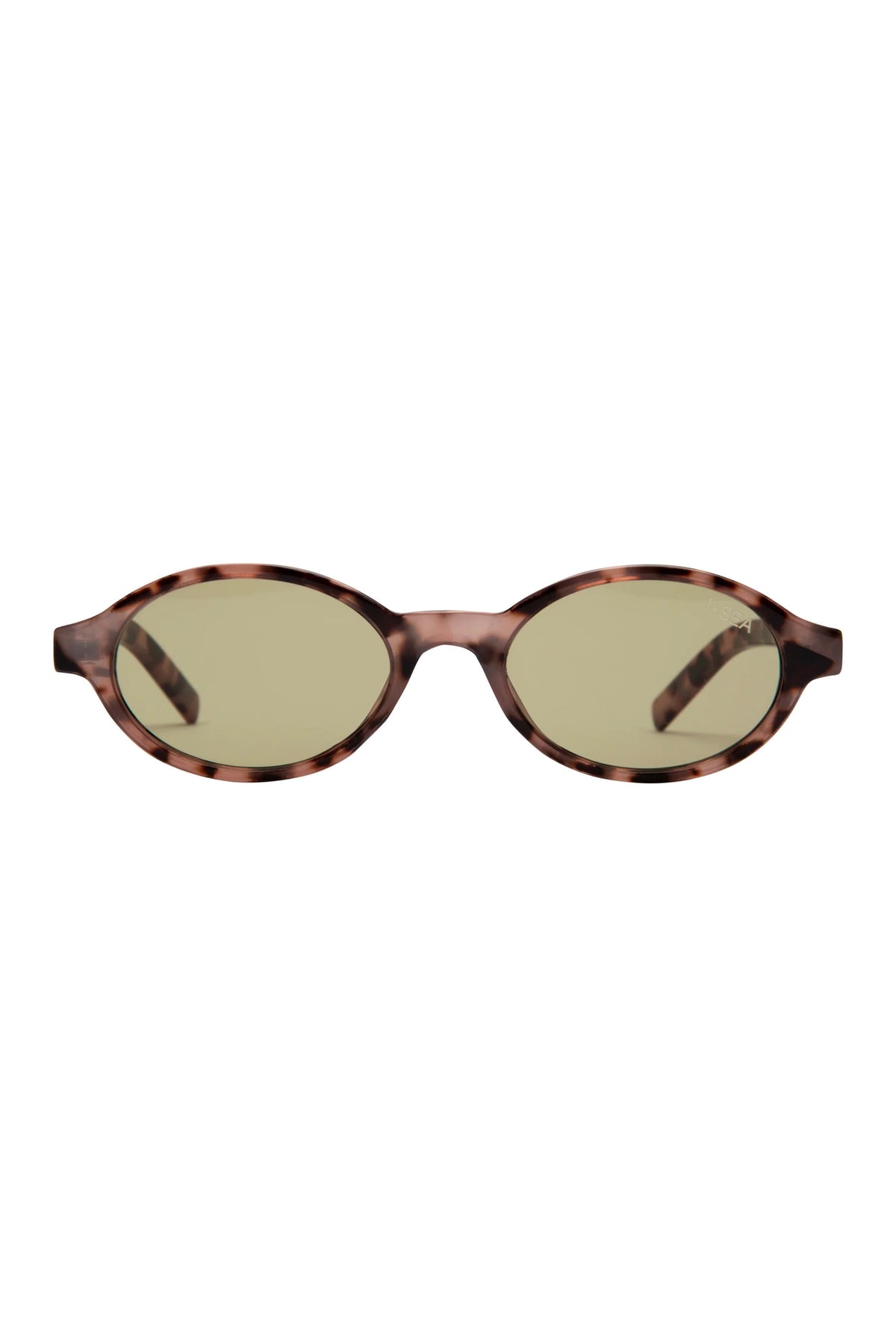 Sunglasses with tortoiseshell frame and green lenses on a white background