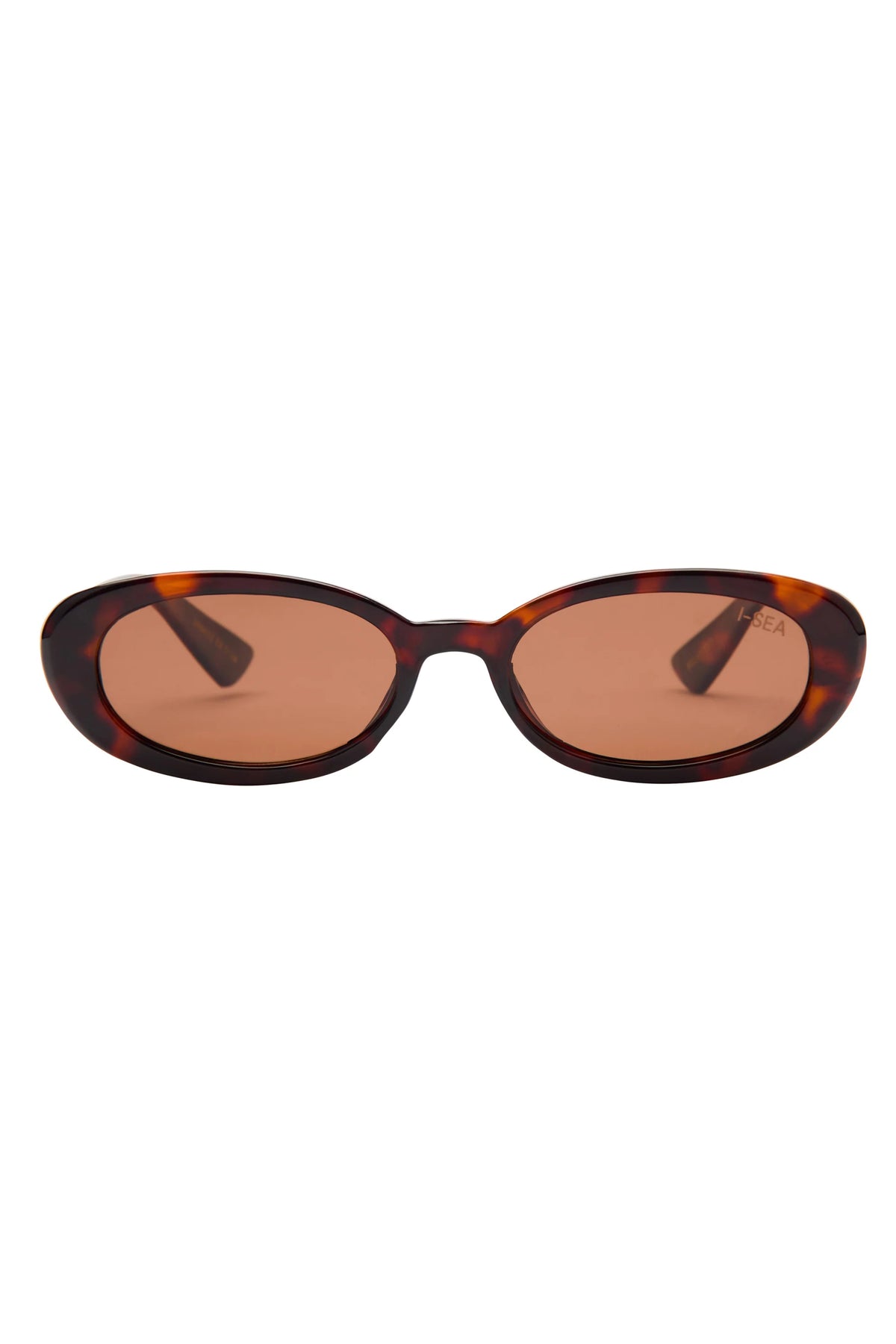 Sunglasses with tortoiseshell frame and brown lenses on a white background