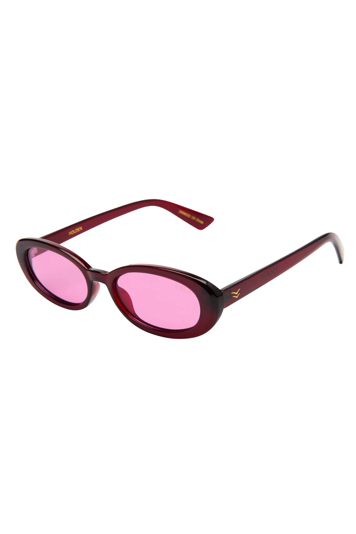 Sunglasses with red frame and pink lenses on a white background