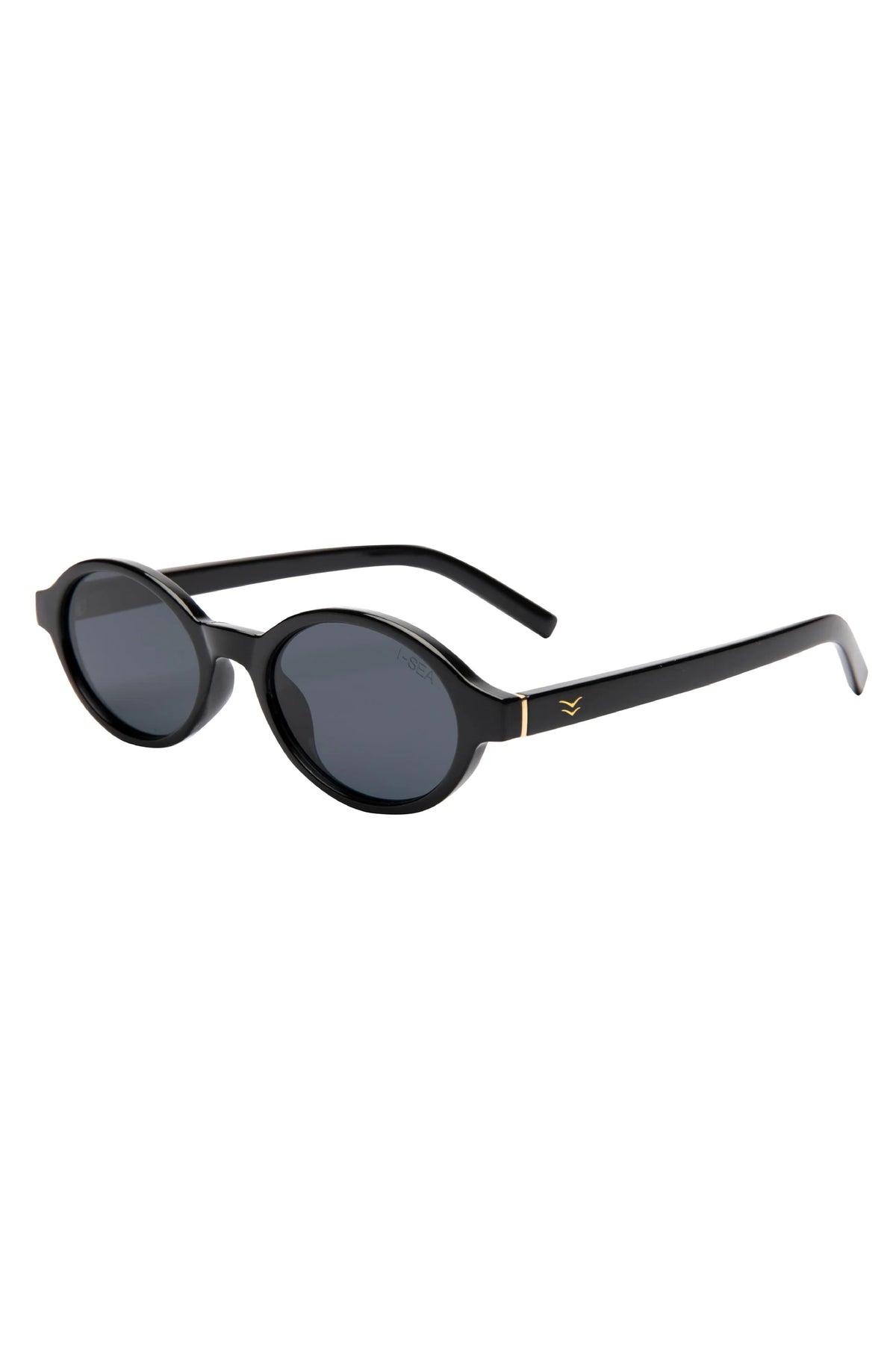 Sunglasses with black frames and dark lenses on a white background