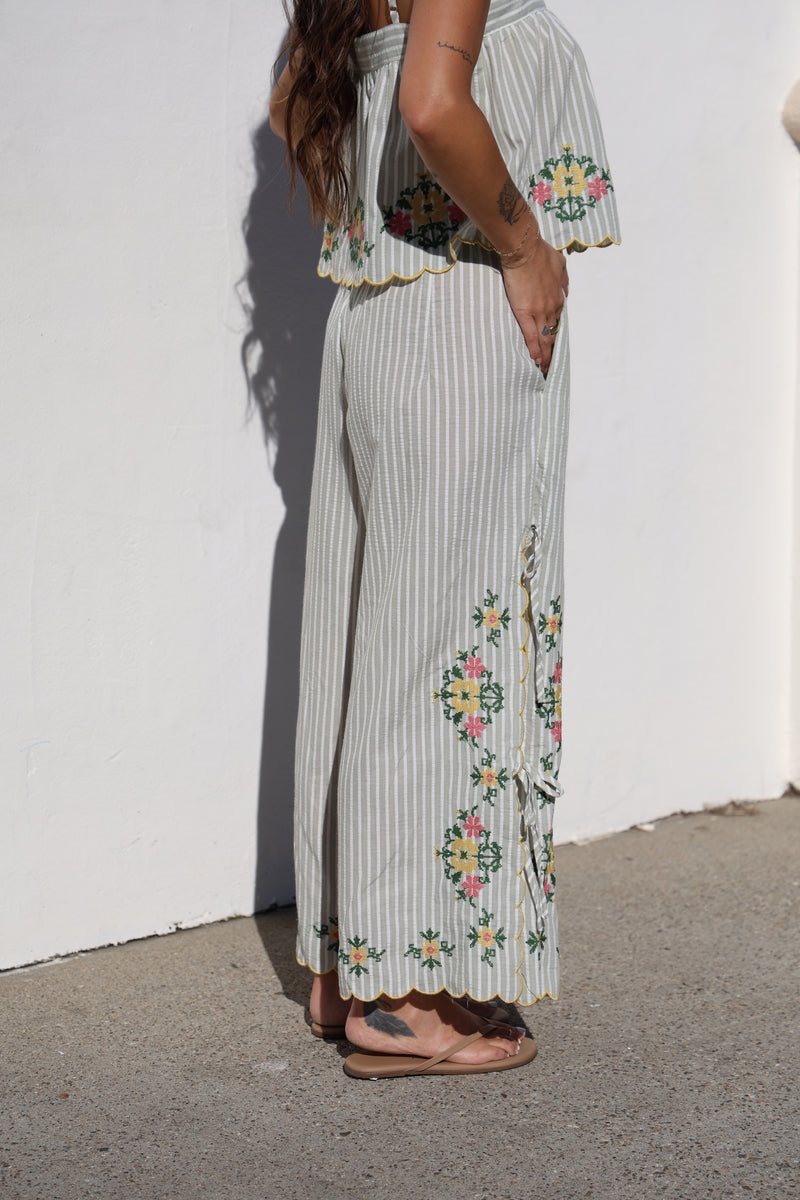 Person wearing a dress with floral embroidery against a white wall