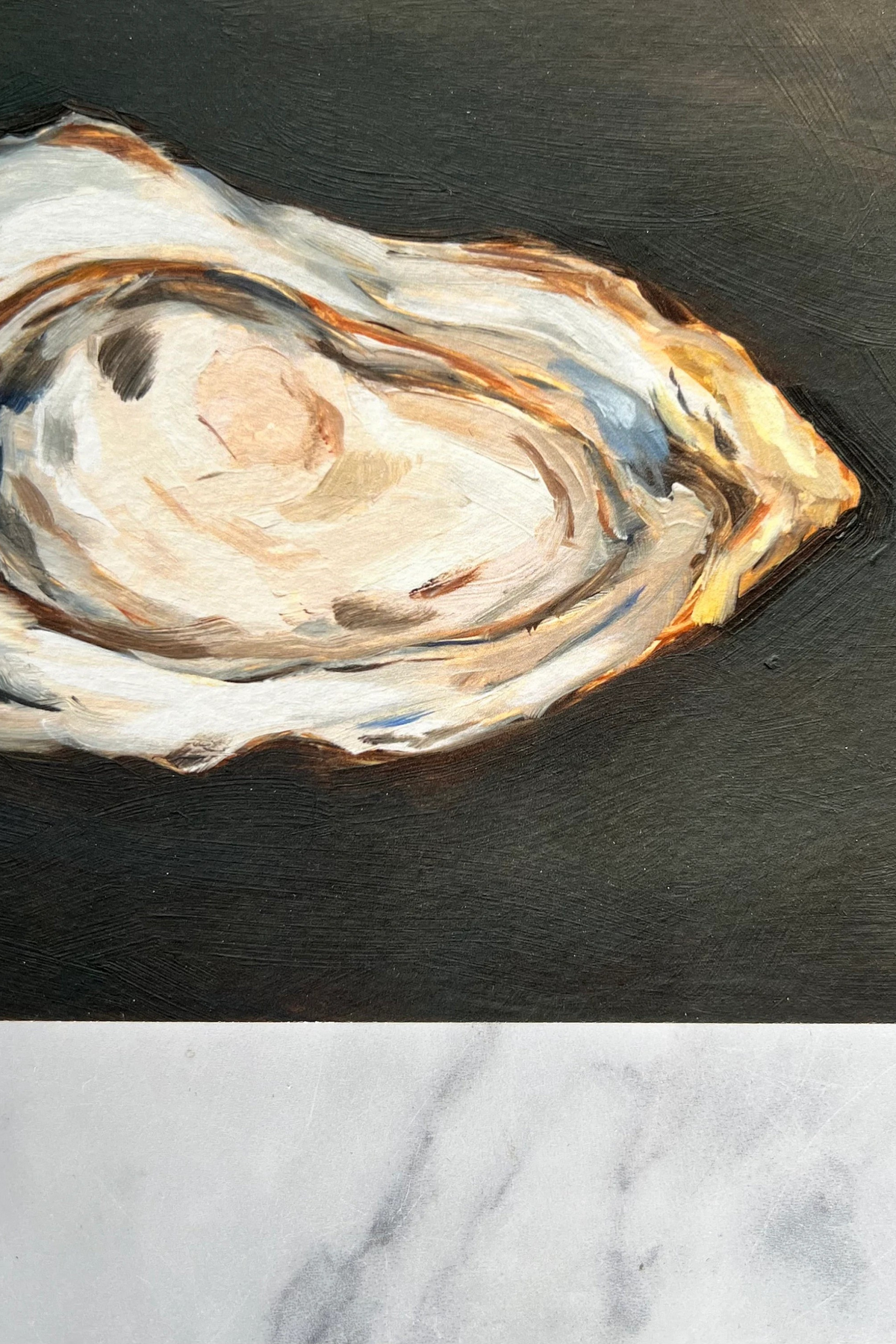 Close up of a Giclée print of an oyster on a marble surface.