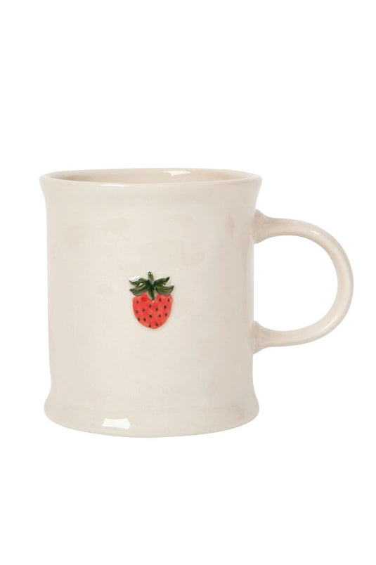 White mug with a strawberry design on a white background