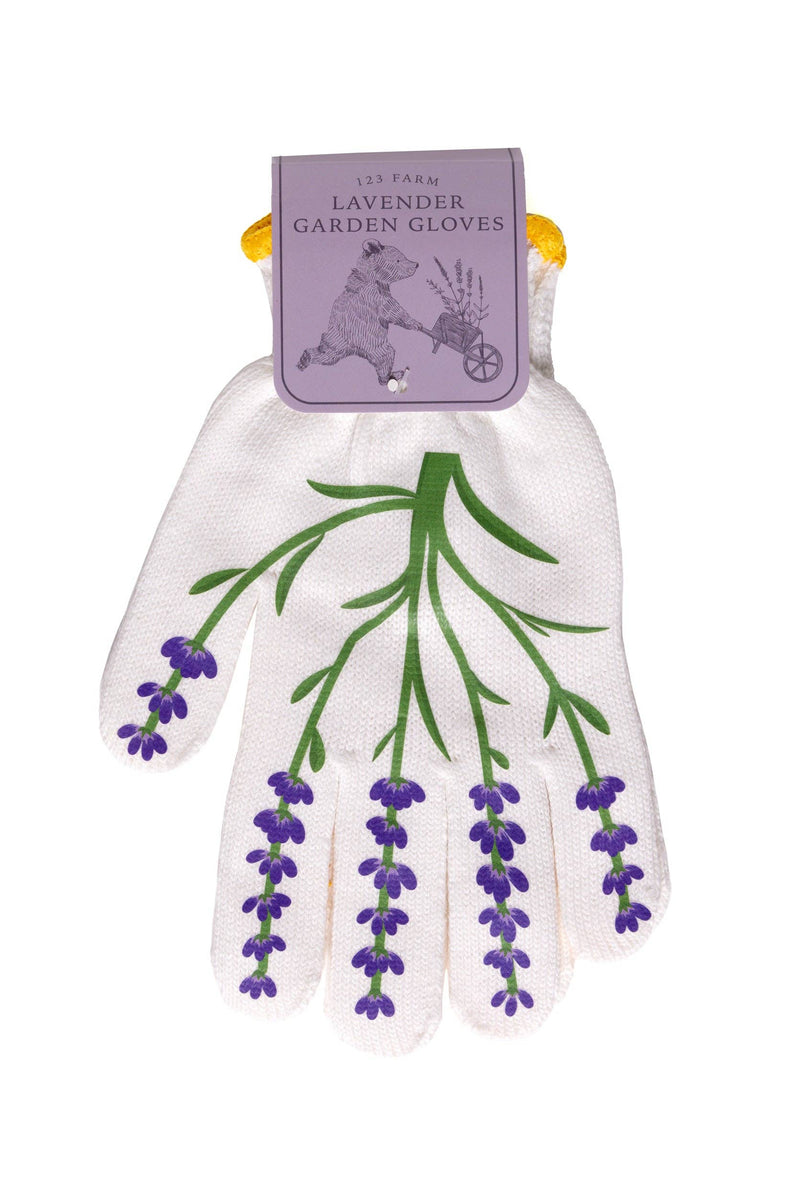 Gardening gloves with lavender design on a white background