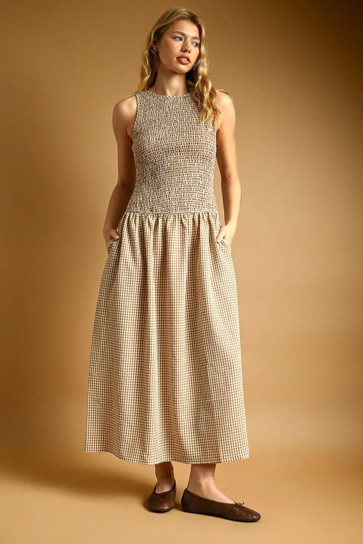 beige gingham dress City Walk Print Sweetheart Lined Active (Beige/White) Small this dress was made to keep upwith comfort Coastal Daydream Dress (Mocha)