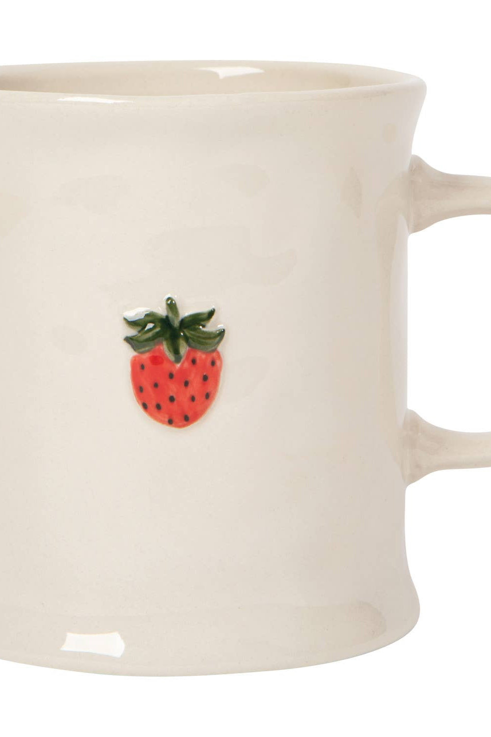 White mug with a strawberry decoration on a white background