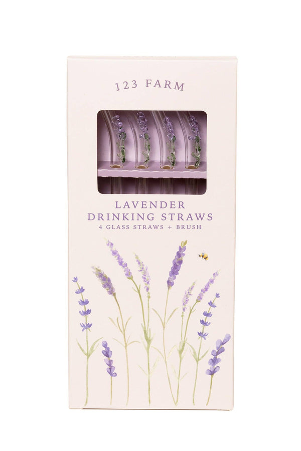 Packaging for 123 Farm Lavender Drinking Straws, featuring glass straws with lavender sprigs and a cleaning brush.