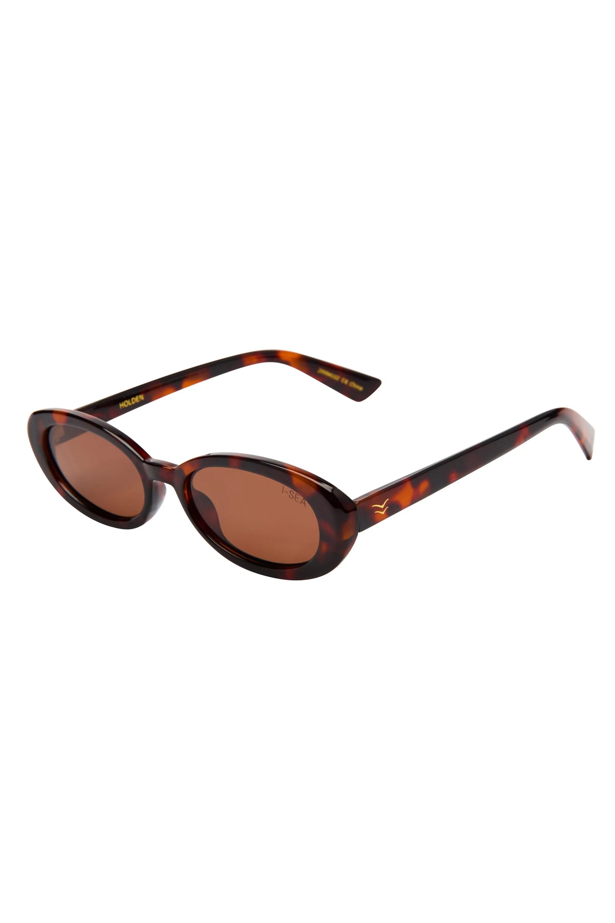 Sunglasses with tortoiseshell frame and brown lenses on a white background