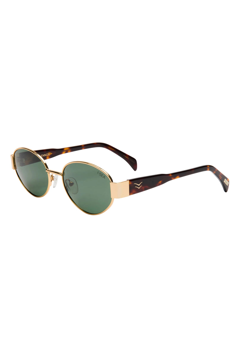 Sunglasses with tortoiseshell frame and green lenses on a white background