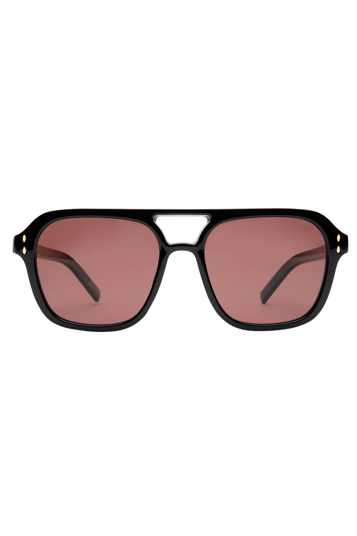 Black sunglasses with pink lenses on a white background