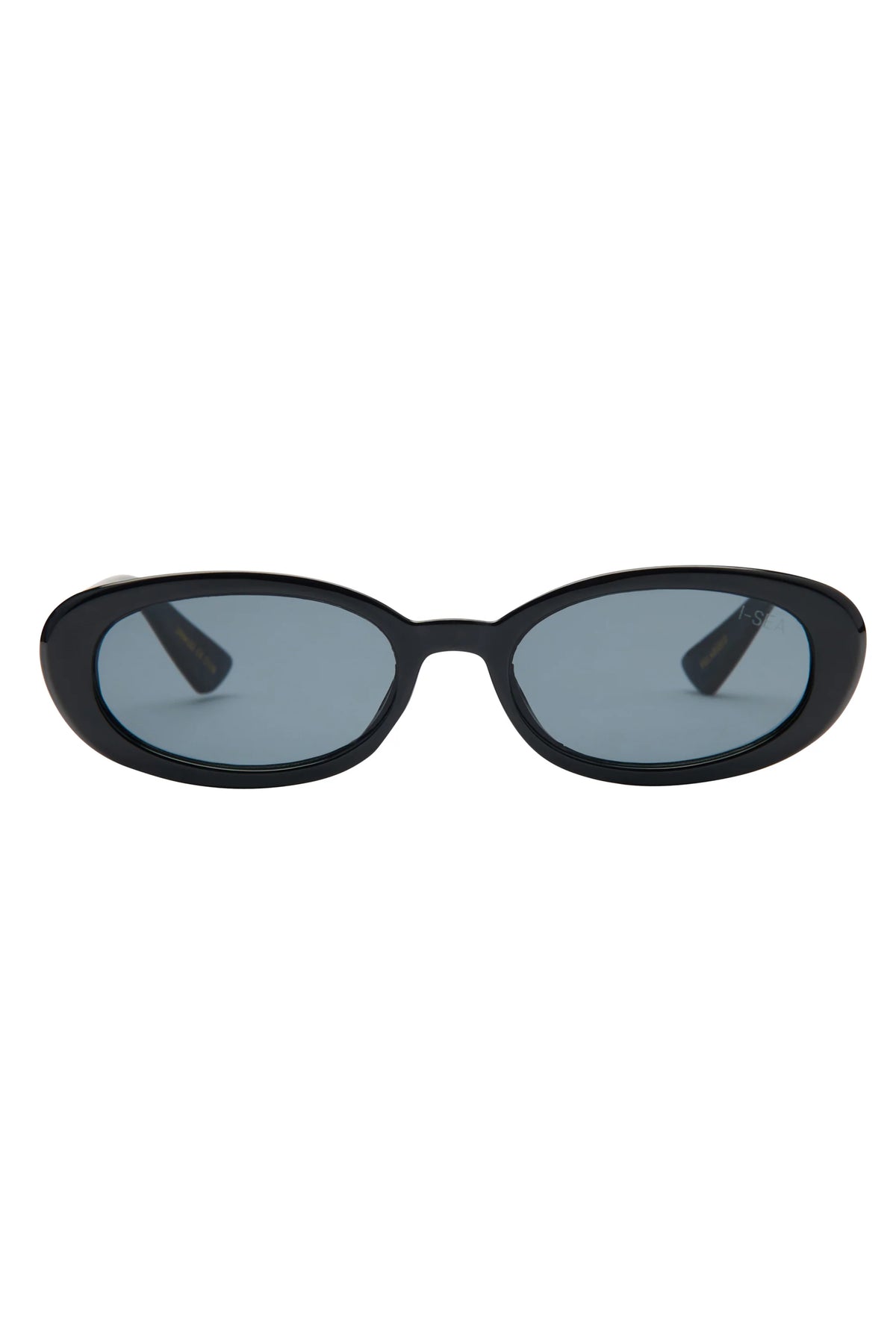 Black sunglasses with blue lenses on a white background