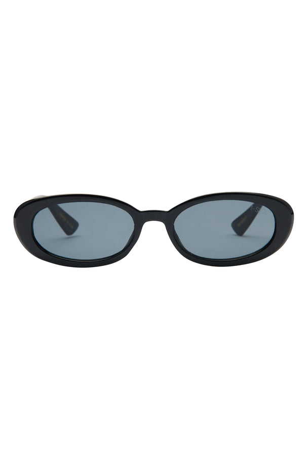 Black sunglasses with blue lenses on a white background