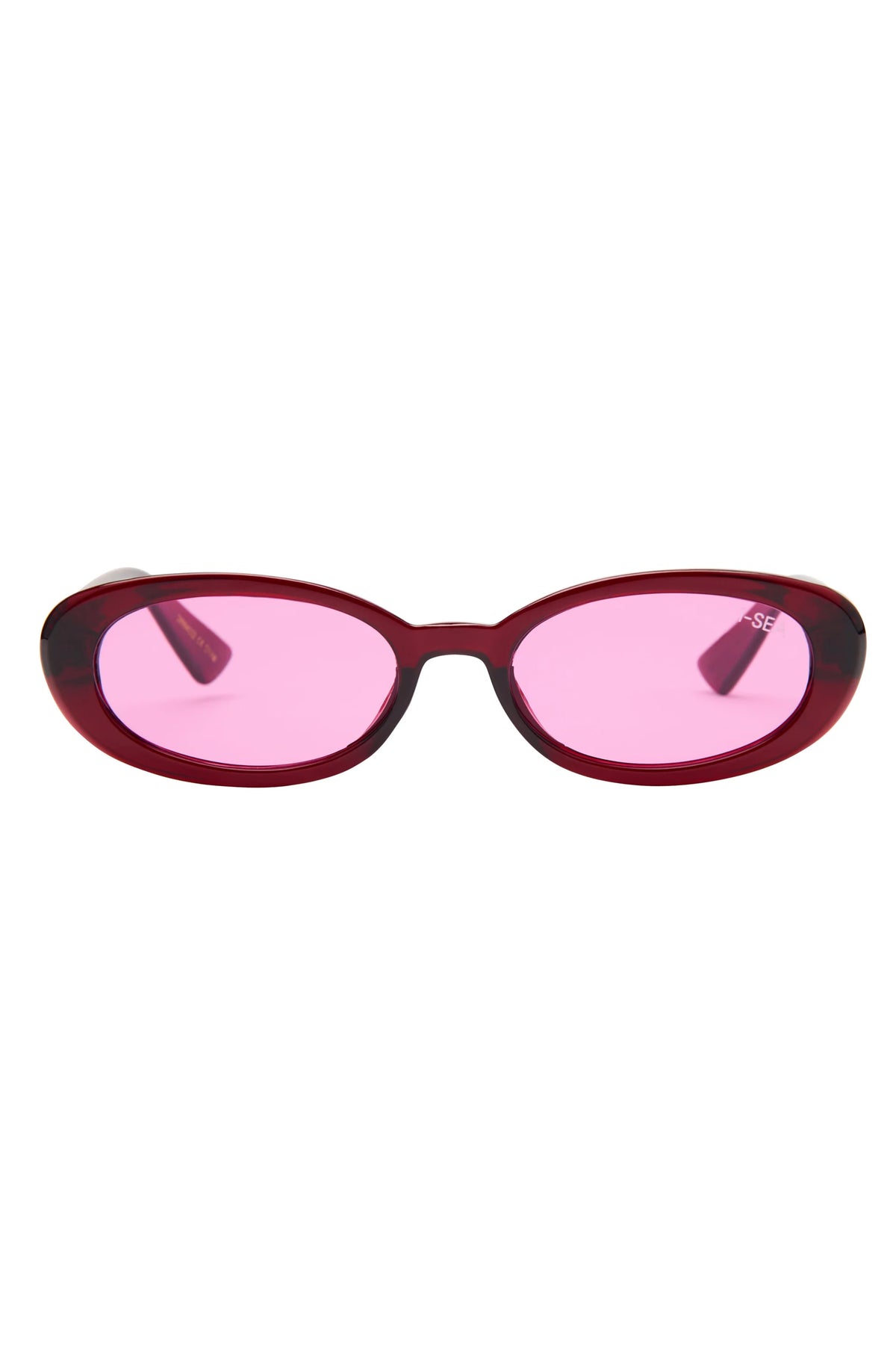 Sunglasses with pink lenses and red frame on a white background