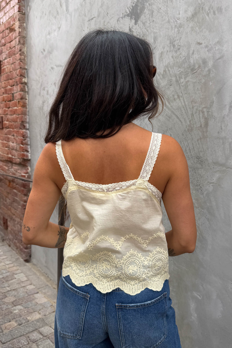 Person wearing a lace-trimmed top and jeans against a textured wall.