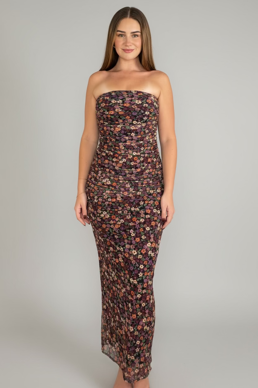 mesh strapless dress with floral design