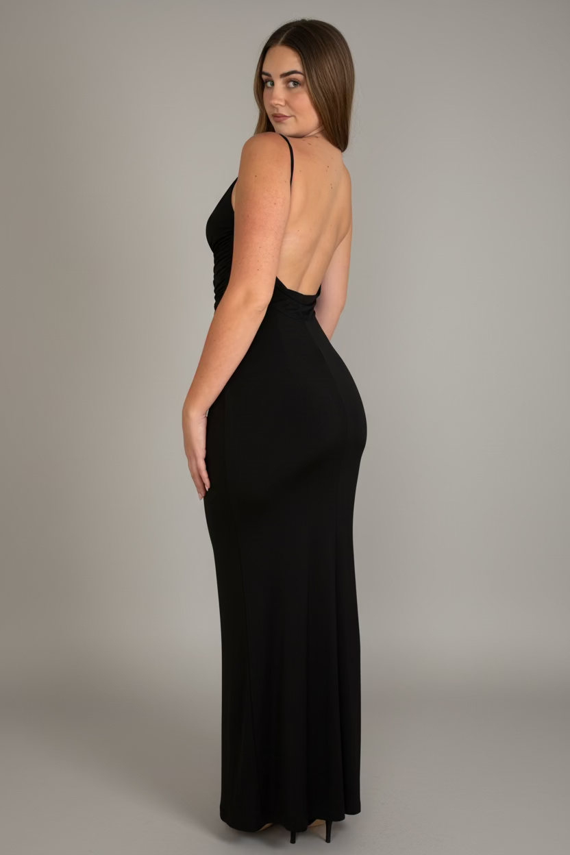 Woman wearing a black evening gown with a open back against a neutral background