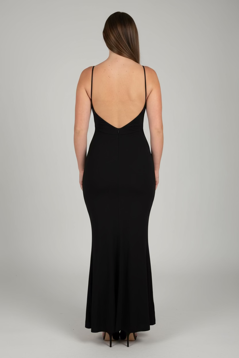 Person wearing a black dress standing in a room with patterned wallpaper and a white wall.