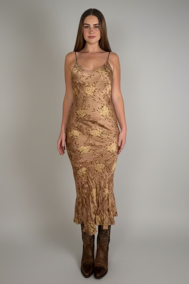 midi length satin dress in a nude color