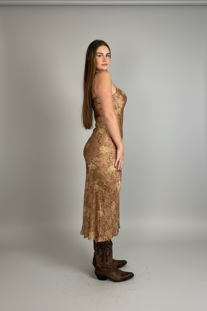 Woman in a patterned dress standing in a room with a curtain and hooks on the wall.