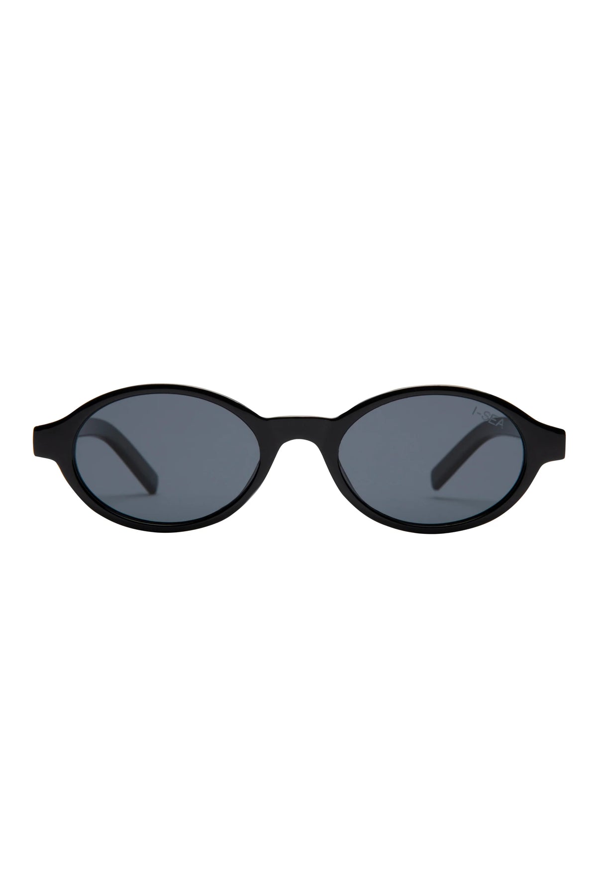 Sunglasses with black frames and dark lenses on a white background