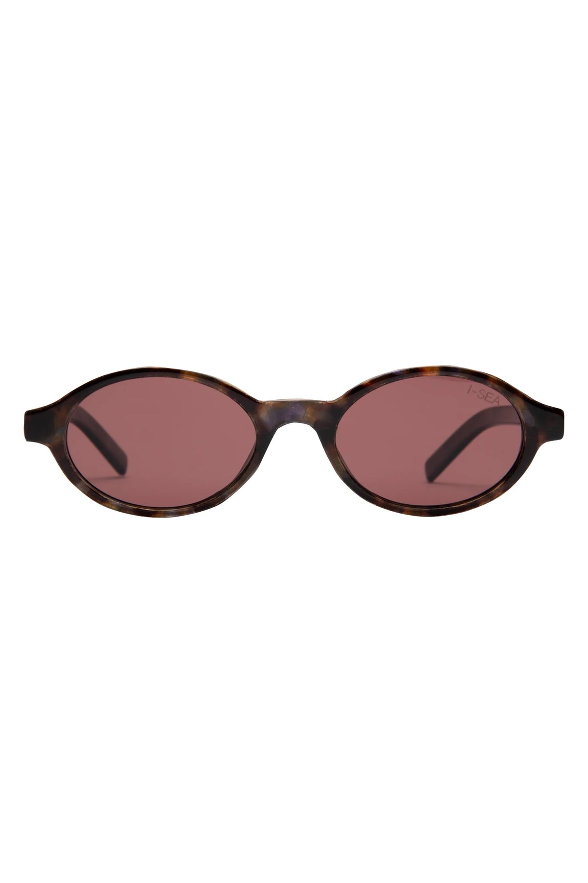 Sunglasses with a tortoiseshell frame and pink lenses on a white background