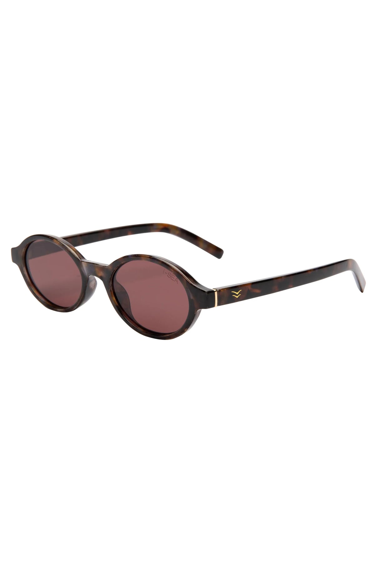 Sunglasses with a tortoiseshell frame and pink lenses on a white background