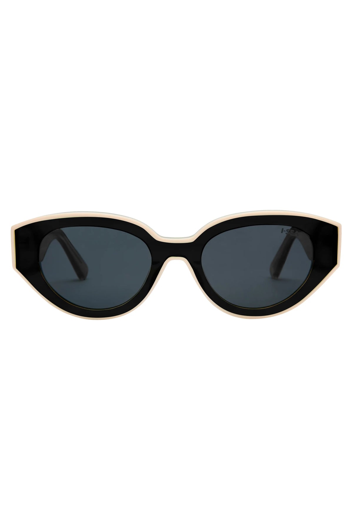 Cat-eye sunglasses with black lenses and gold frame on a white background