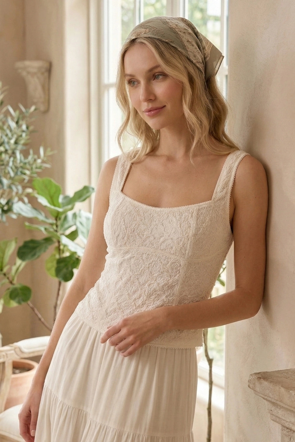 Woman in a white lace dress leaning against a wall with a plant in the background