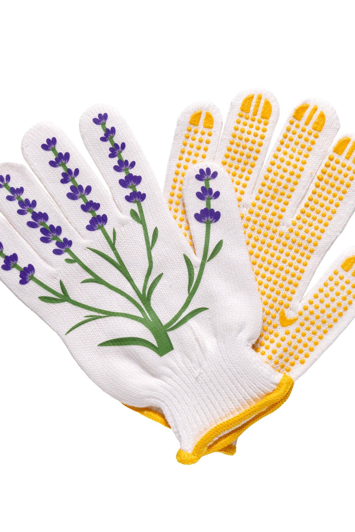 Gardening gloves with lavender design on a white background