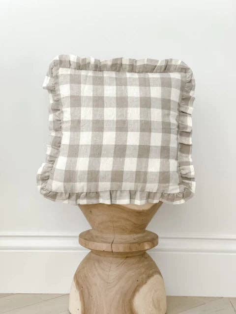 Mama and Tochter - Reversible Linen Ruffle Cushion Cover - Natural Gingham - Natural