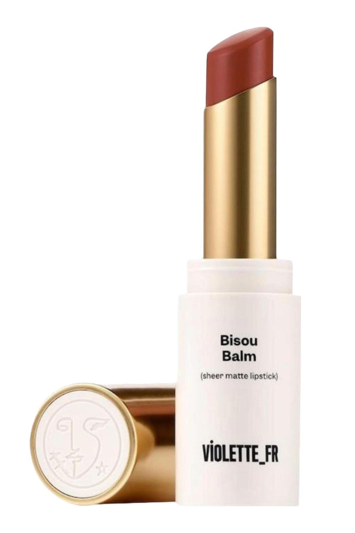 Lipstick with gold cap and white body displaying 'Bisou Balm' and 'Violette_FR' on a white background