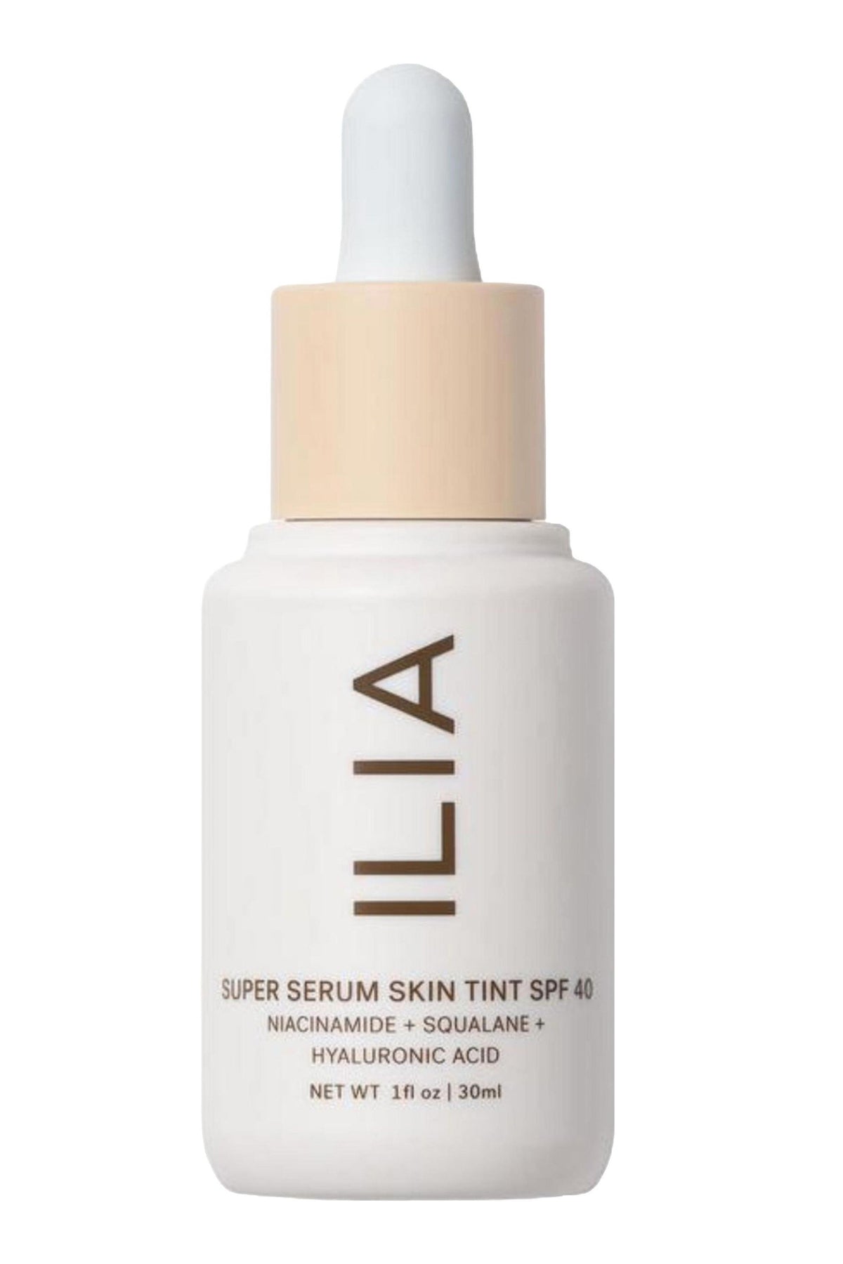 ILIA Super Serum Skin Tint SPF 40 bottle on a white background